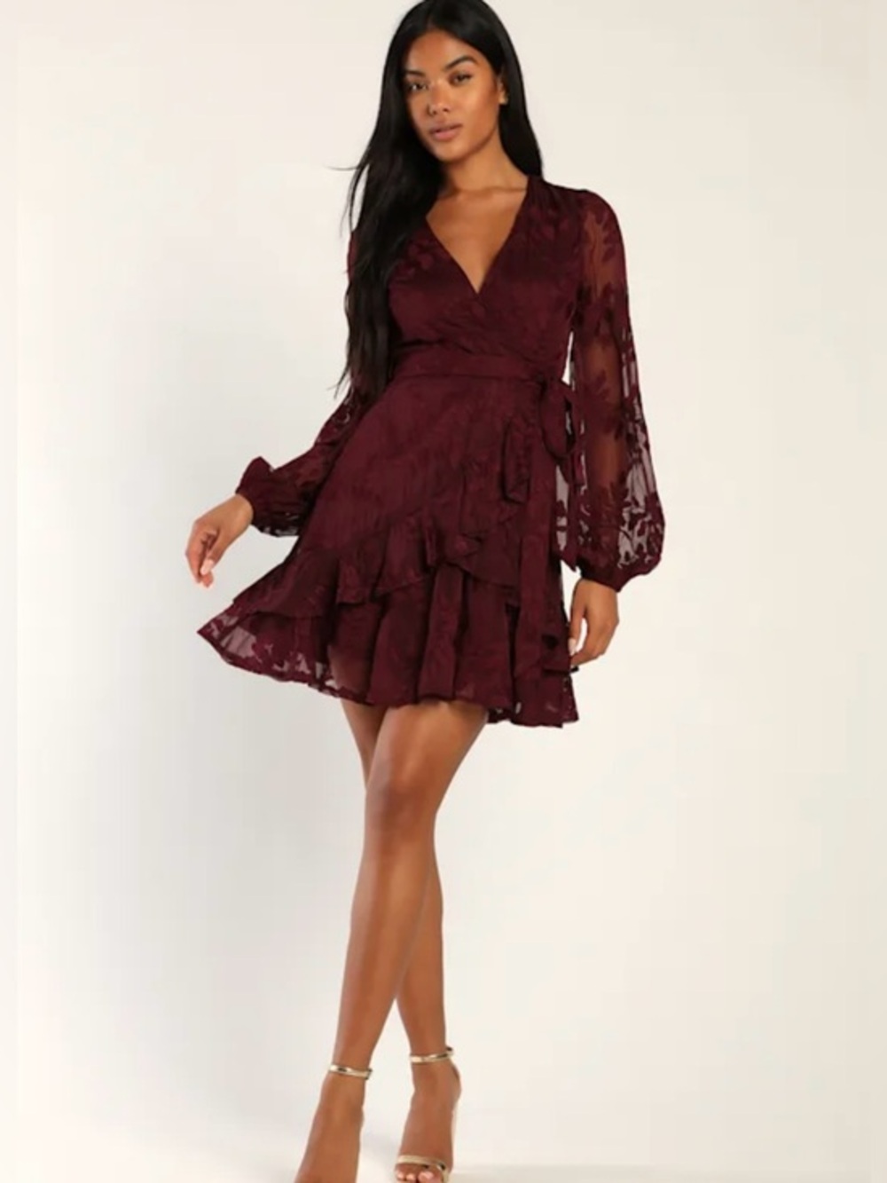 Lulus Inclined to Romance Burgundy Floral Embroidered Mini Dress Sheer Sleeve S